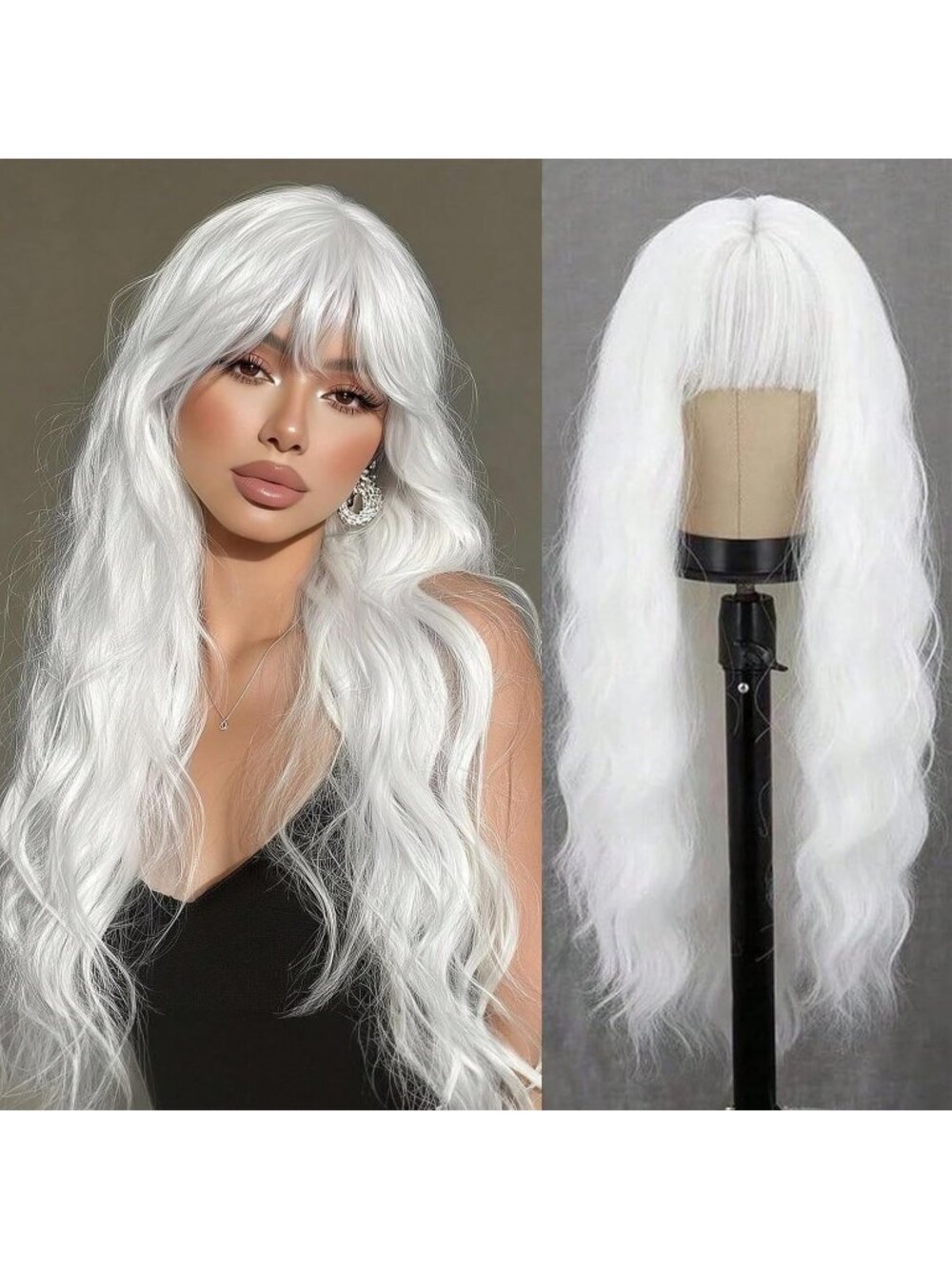 Women's White 26 Inch Natural Looking Synthetic Fiber Long Wavy Wigs Bangs